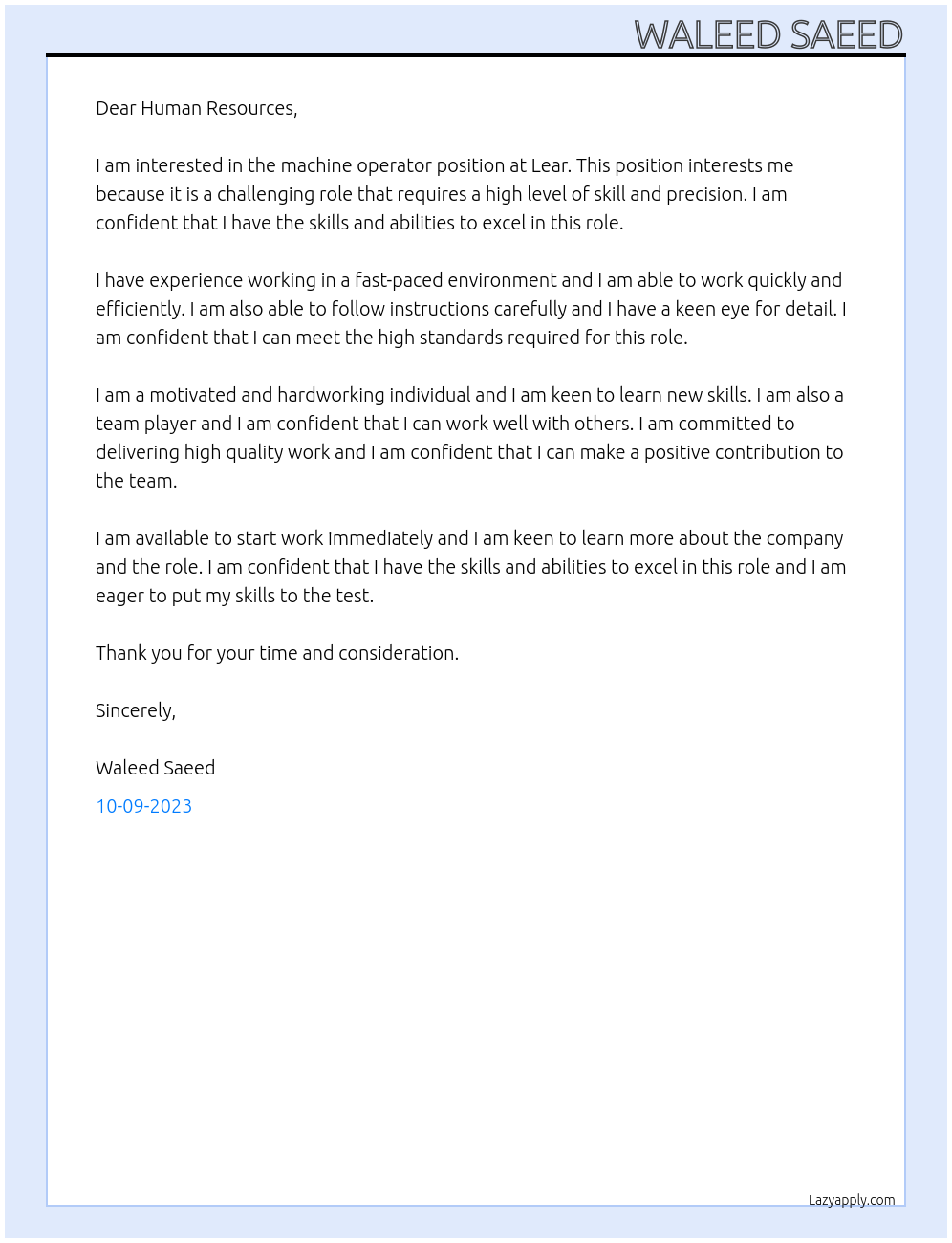 Machine operator At Lear Cover Letter
