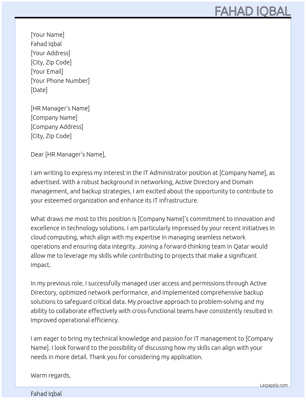 Cover letter for it administrator - LazyApply