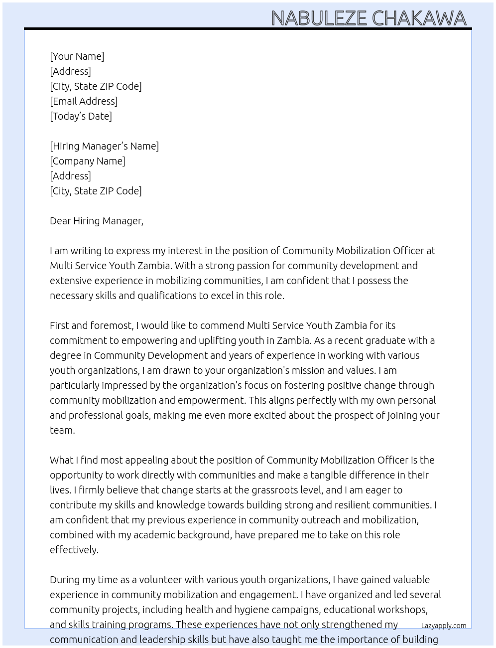 Community mobilization Officer  At Multi Service Youth Zambia  Cover Letter