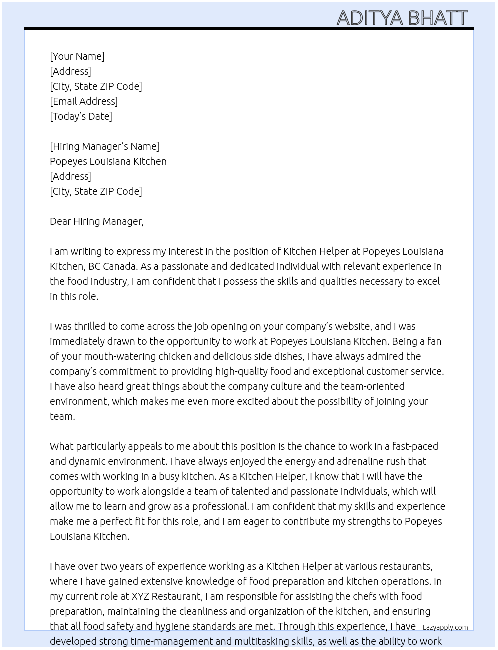 Kitchen helper  At Popeyes Louisiana Kitchen. BC Canada  Cover Letter