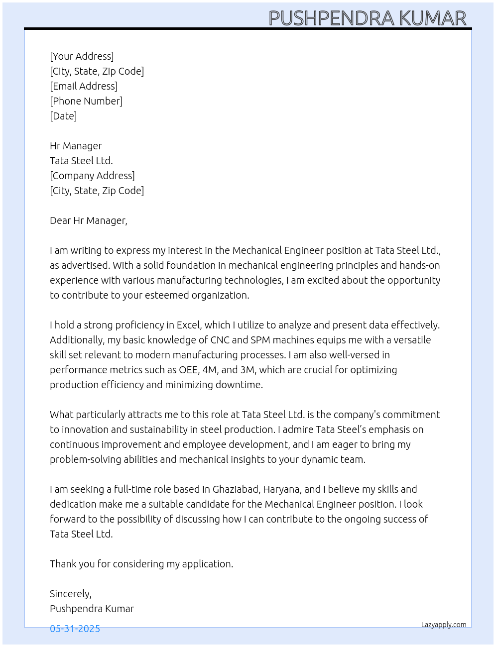 Mechanical Engineer At Tata Steel Ltd. Cover Letter