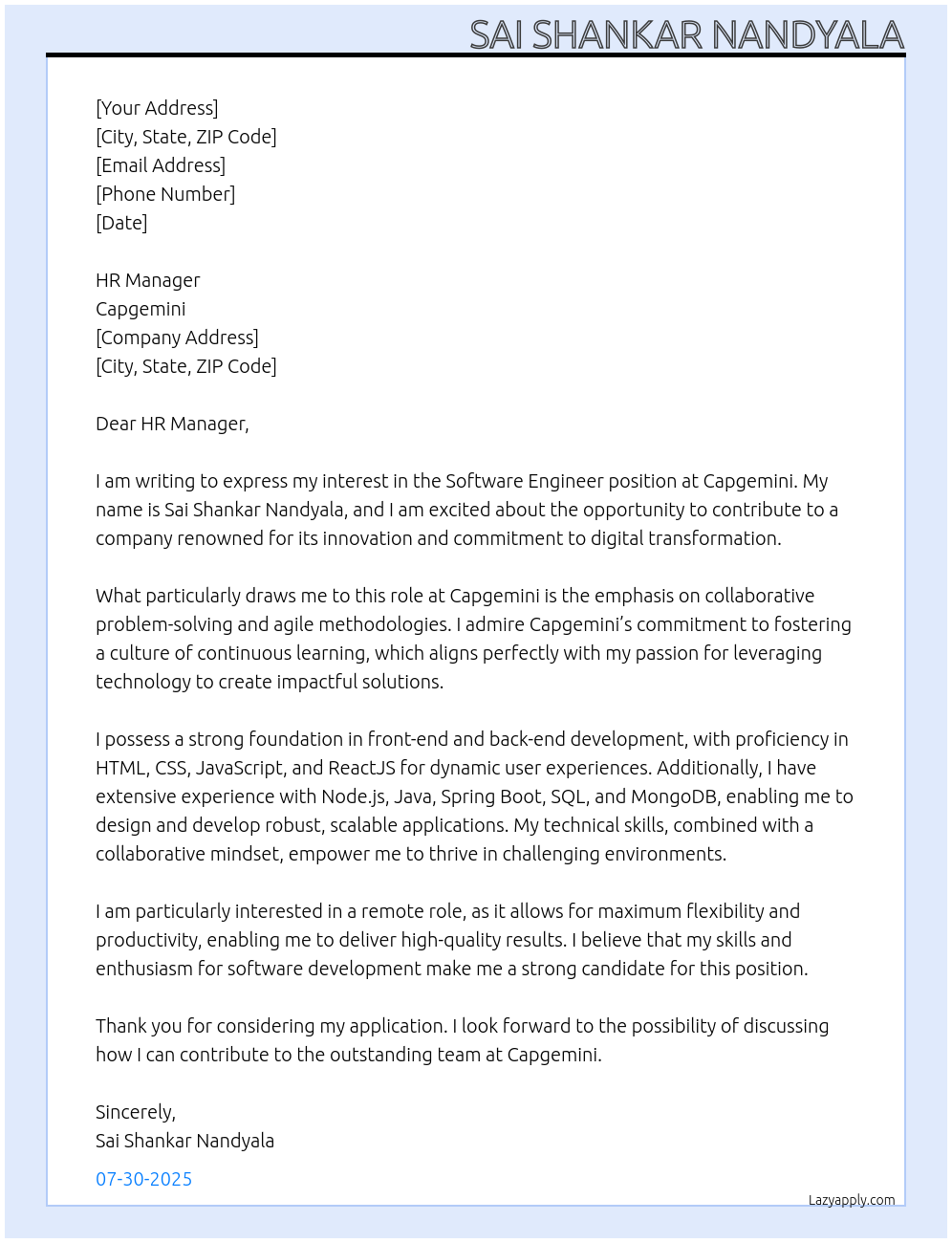 software engineer At cap gemini Cover Letter