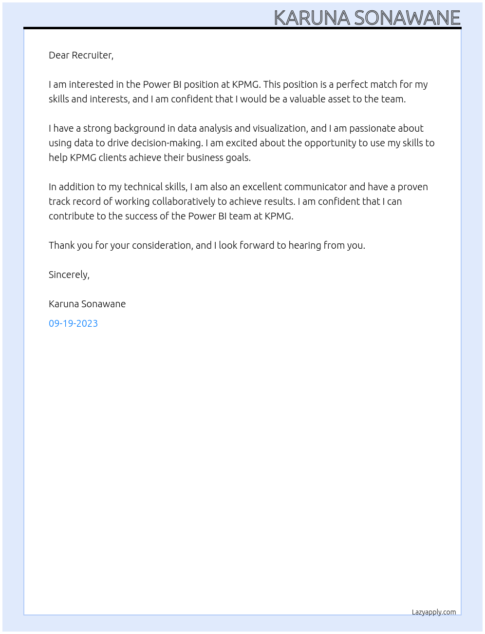 Power BI At KPMG Cover Letter