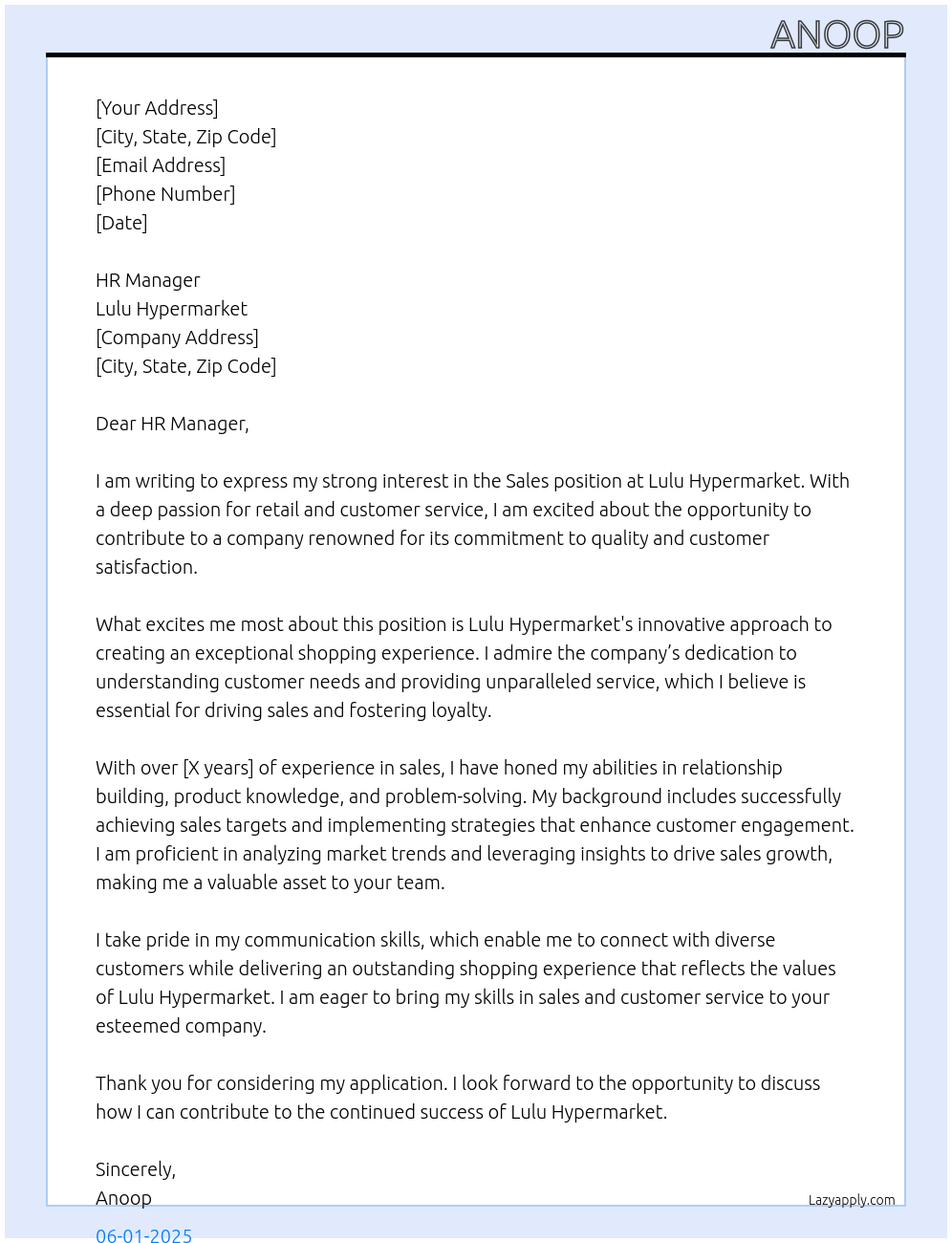 SALES At LULU HYPER MARKET Cover Letter