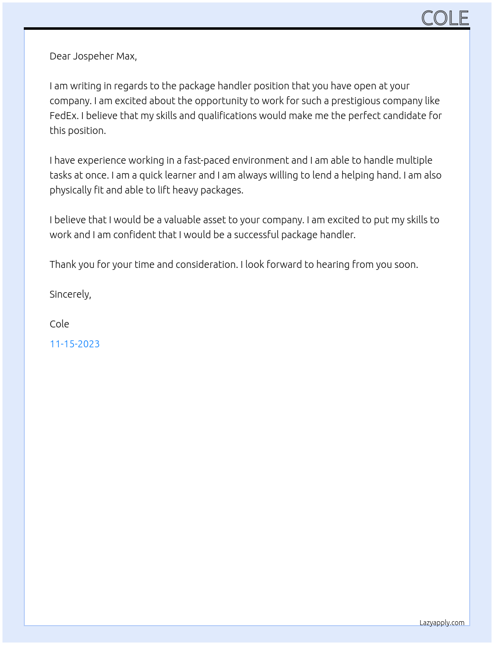 package handler At fedex Cover Letter