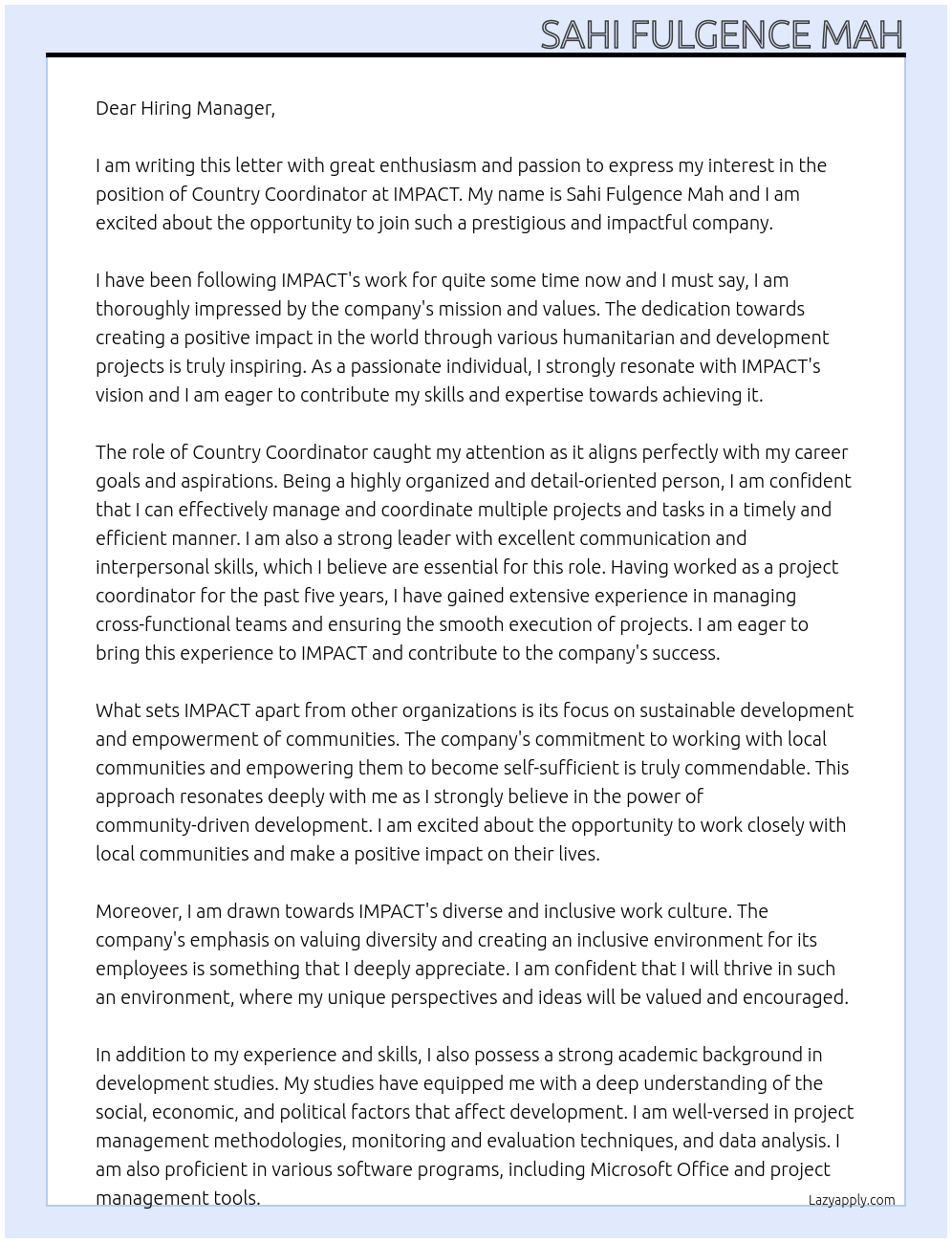 Country Coordinator At IMPACT Cover Letter