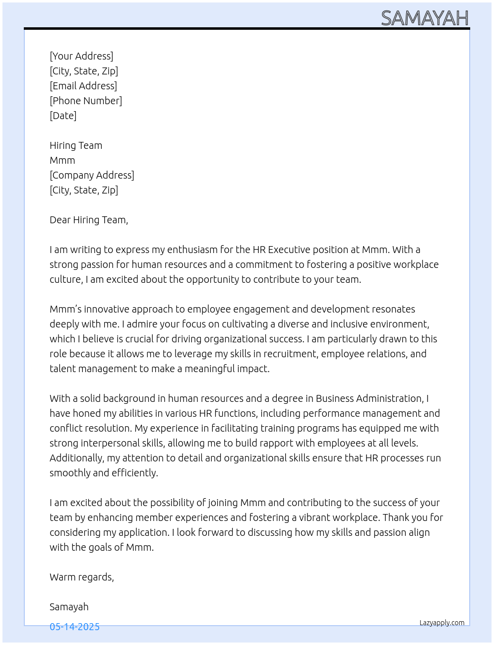 Hr executive At Mmm Cover Letter