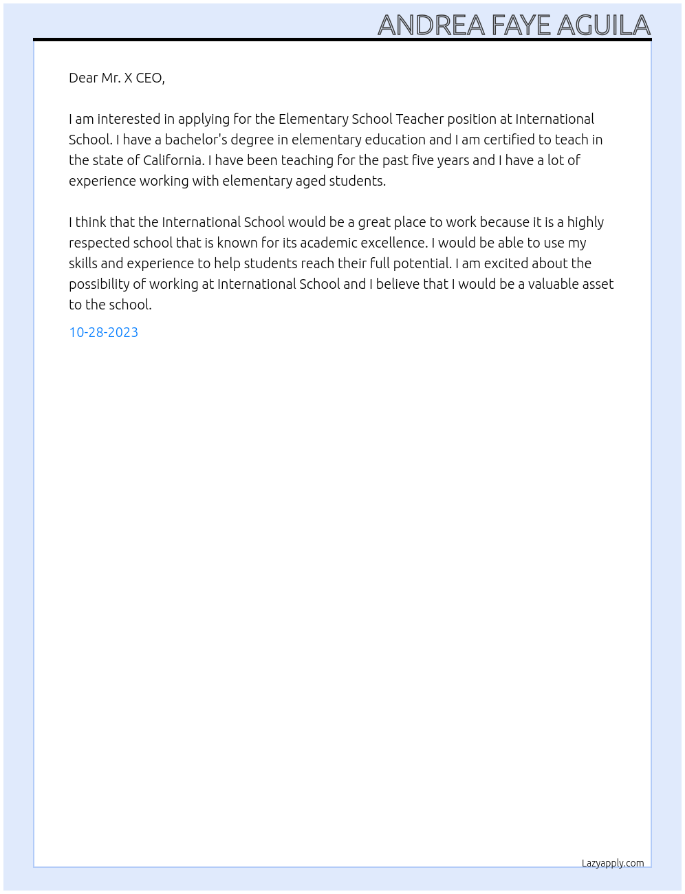 Elementary School Teacher At International School Cover Letter