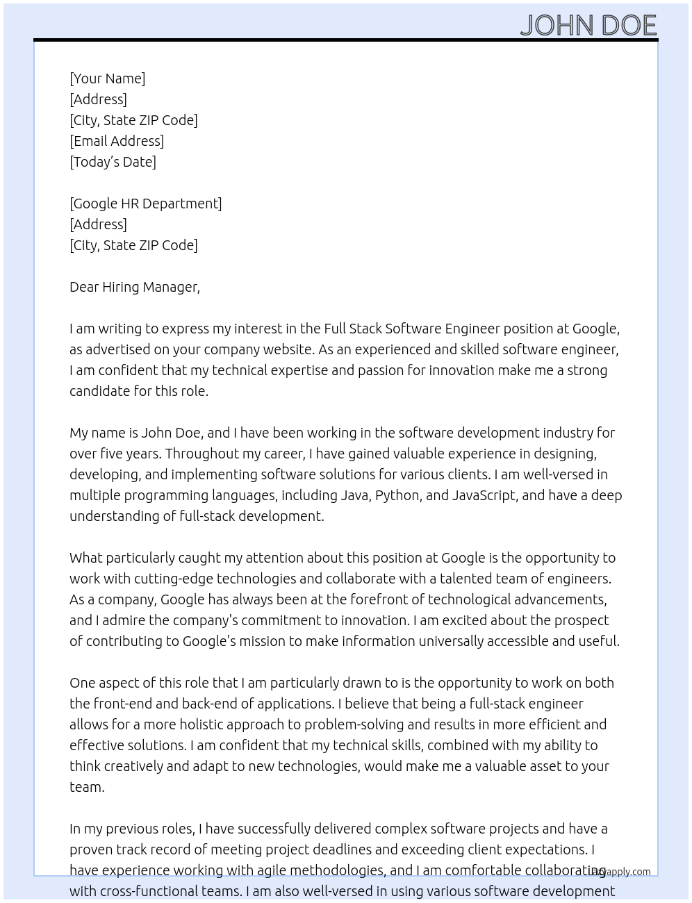 Full Stack Software Engineer At Google Cover Letter