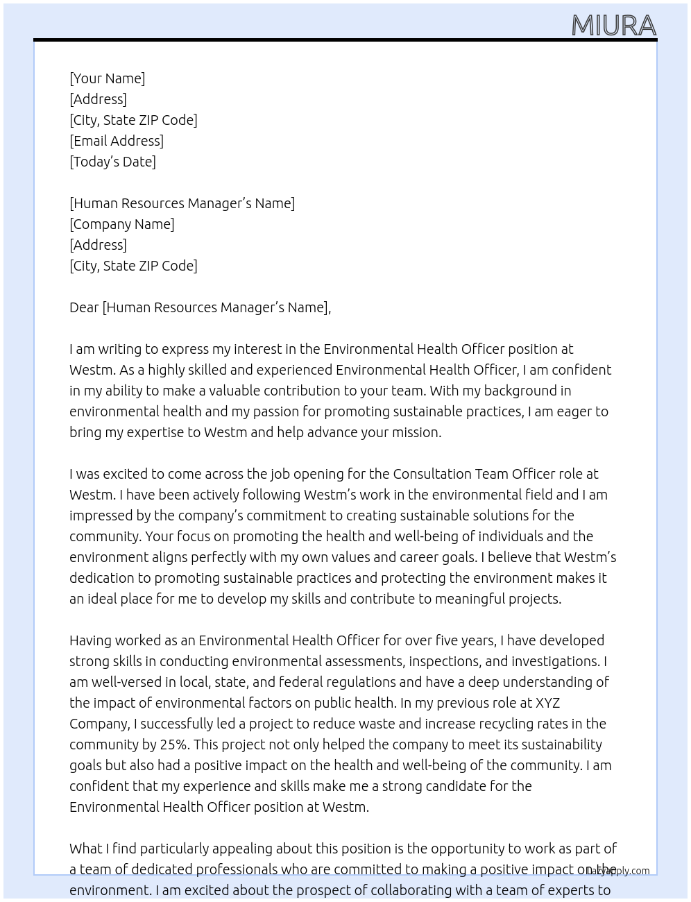 environmental health officer At Westm Cover Letter