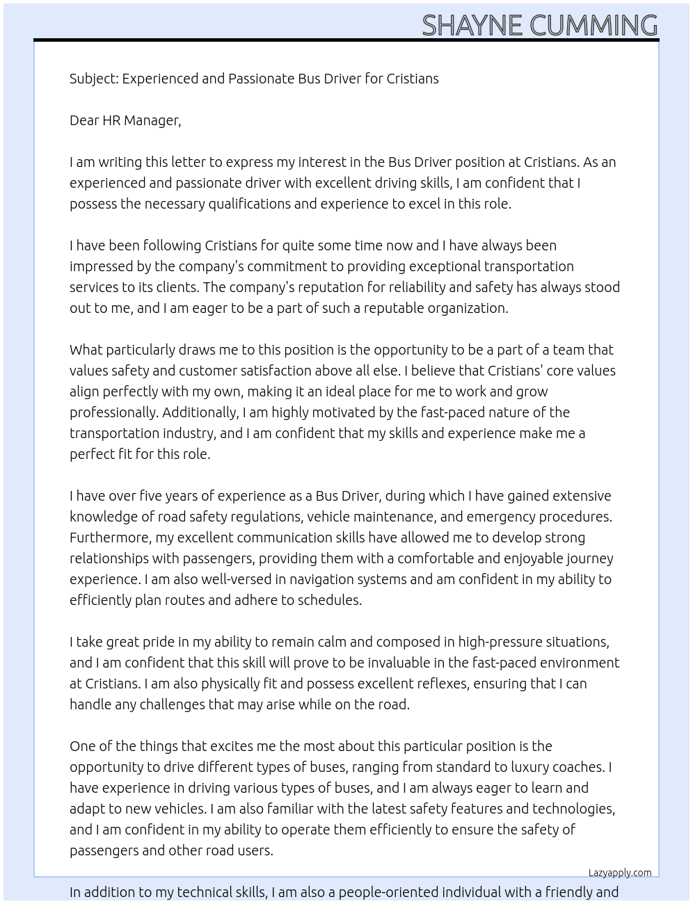 Bus Driver At Cristians Cover Letter