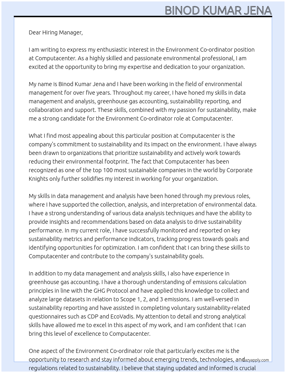 Environment Co-ordinator At Computacenter Cover Letter