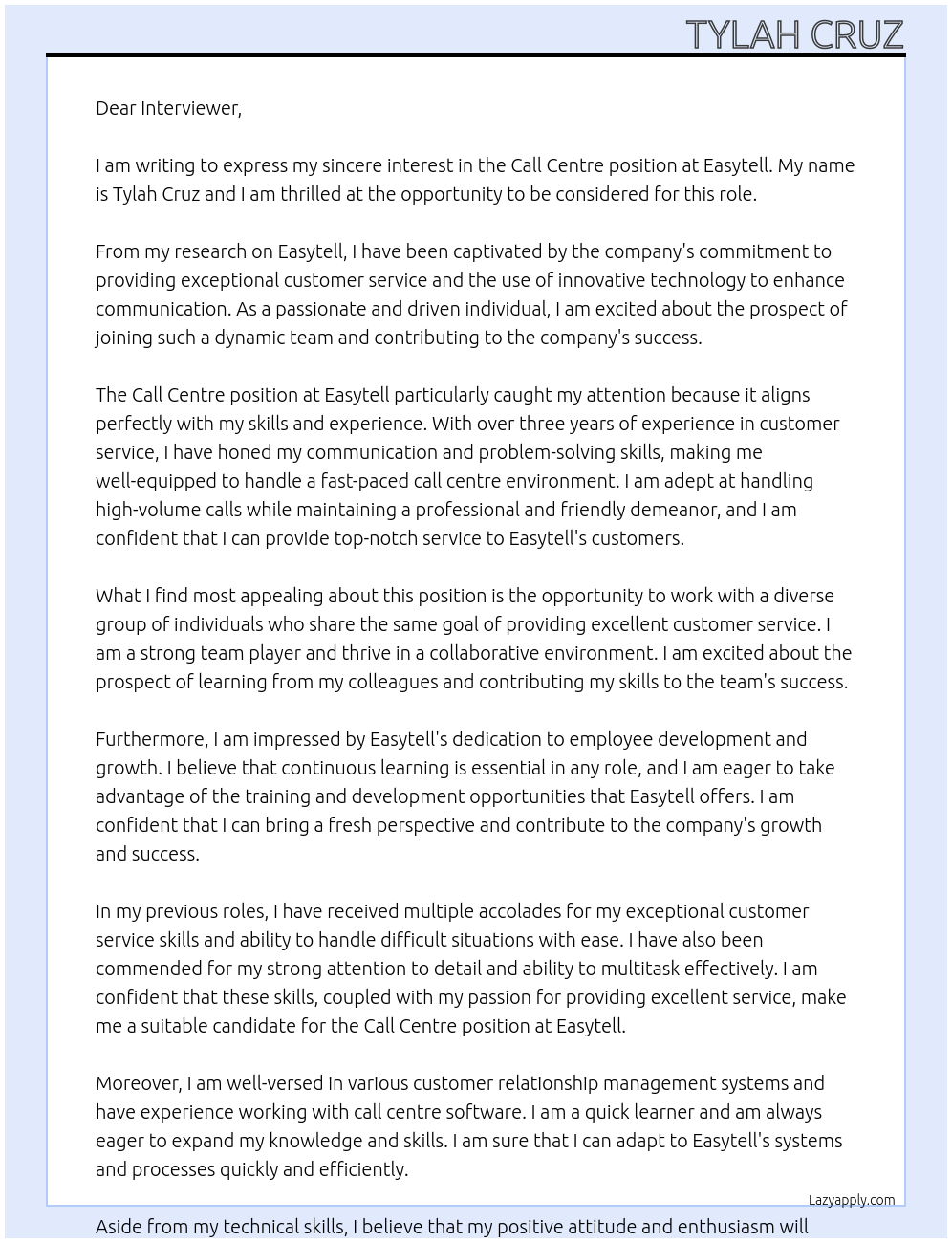 Call centre At Easytell Cover Letter