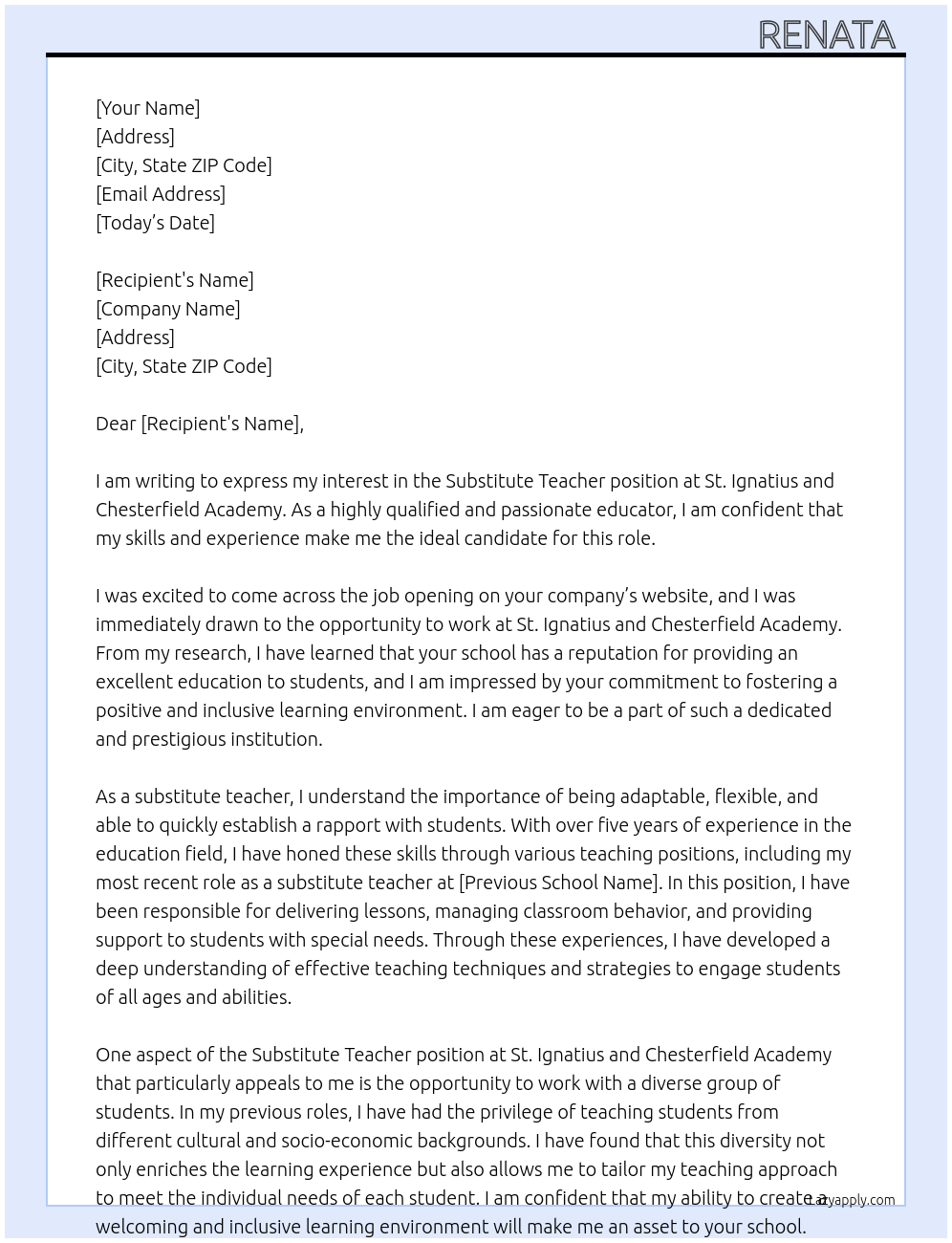 Substitute teacher At St. Ignatius and Chesterfeild Acattimy Cover Letter