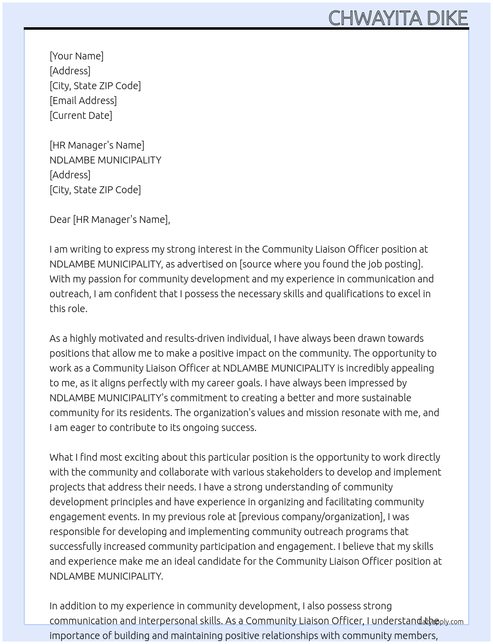 COMMUNITY LIASON OFFICER At NDLAMBE MUNICIPALITY Cover Letter