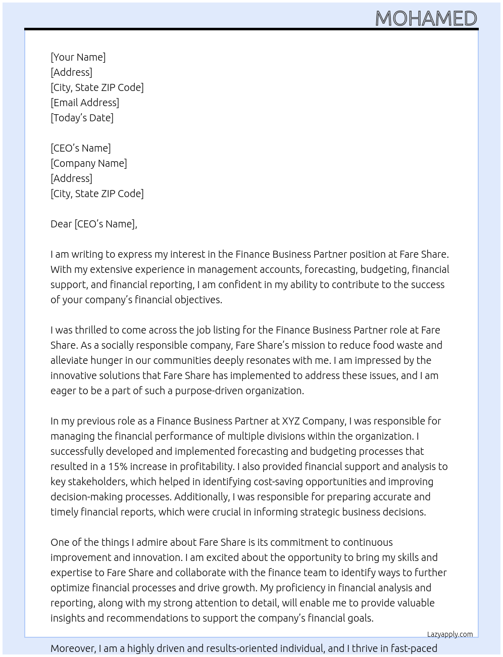 Finance Business Partner At Fare Share Cover Letter