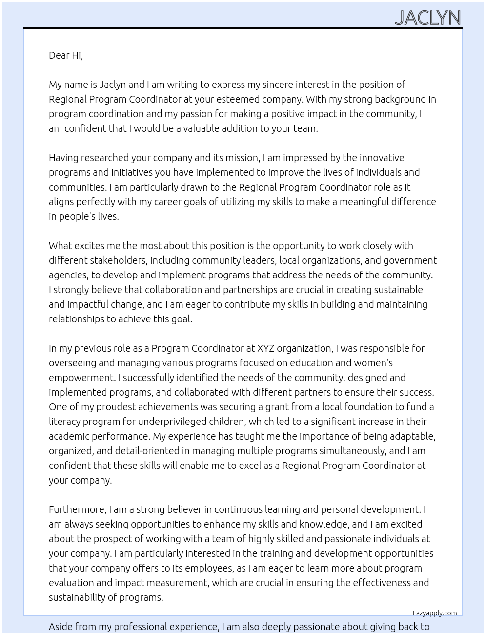 Cover letter for regional program coordinator - LazyApply