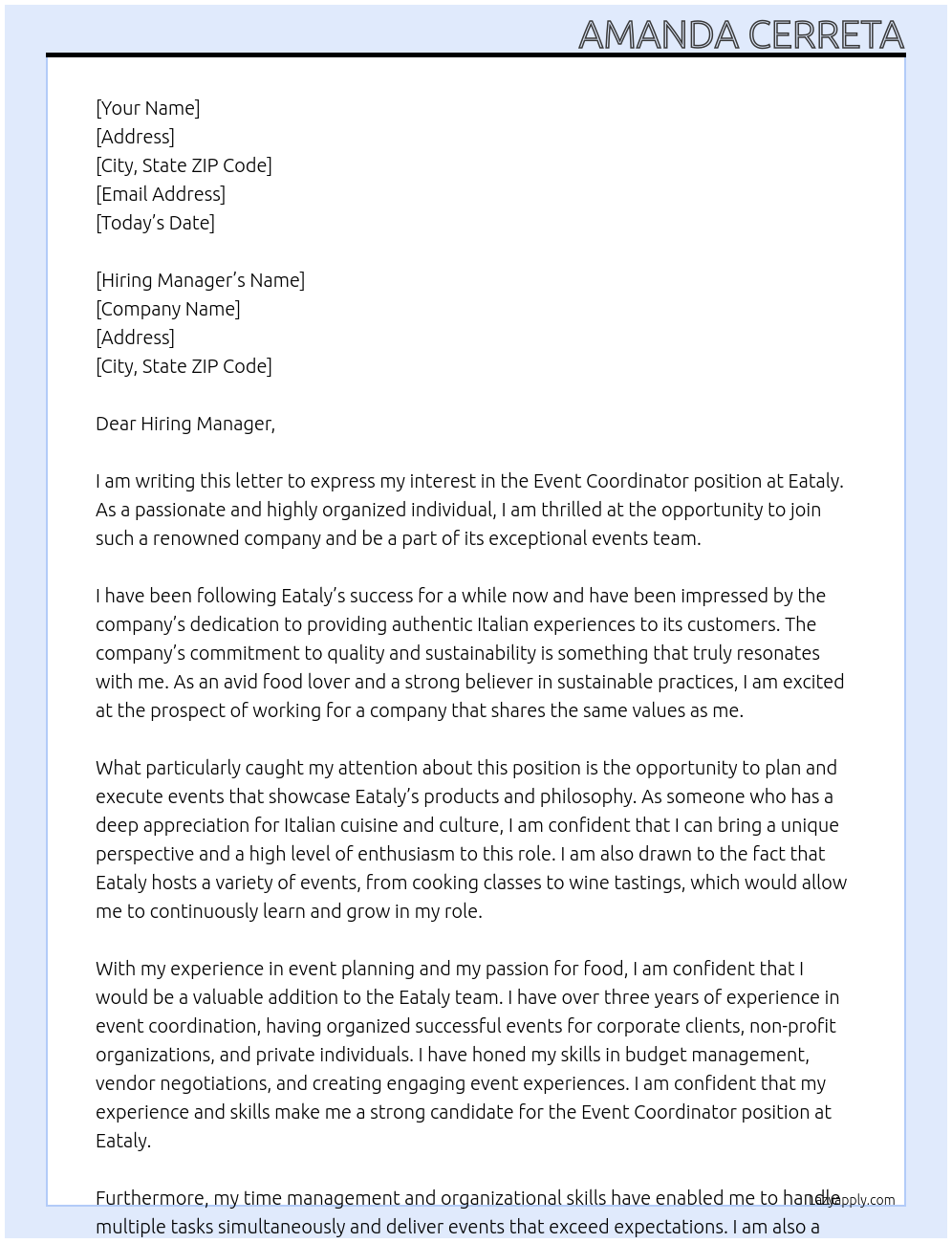 Event Coordinator At Eataly Cover Letter