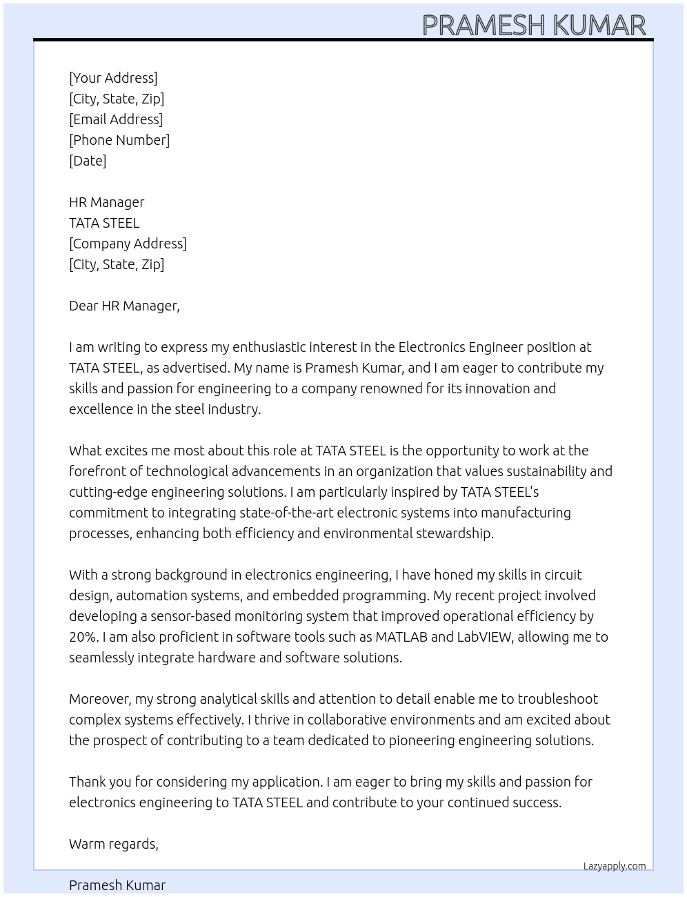 Electronics engineer At TATA STEEL Cover Letter