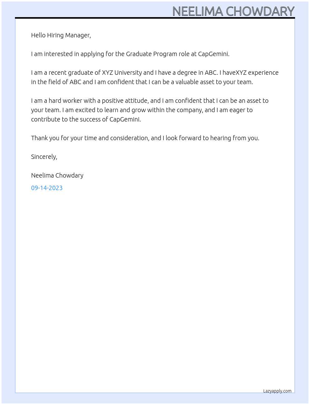  Graduate Program  At CapGemini Cover Letter