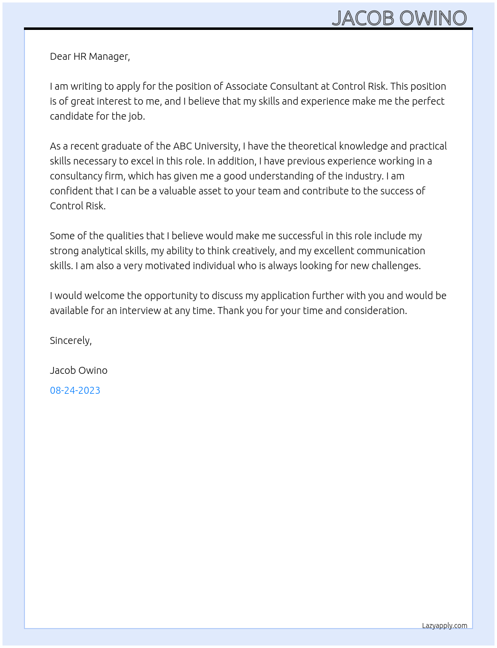 Associate Consultant At Control Risk Cover Letter