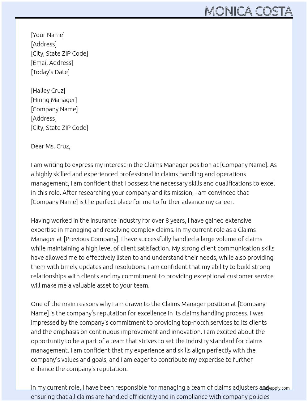 Claims Manager At Claims Manager Cover Letter