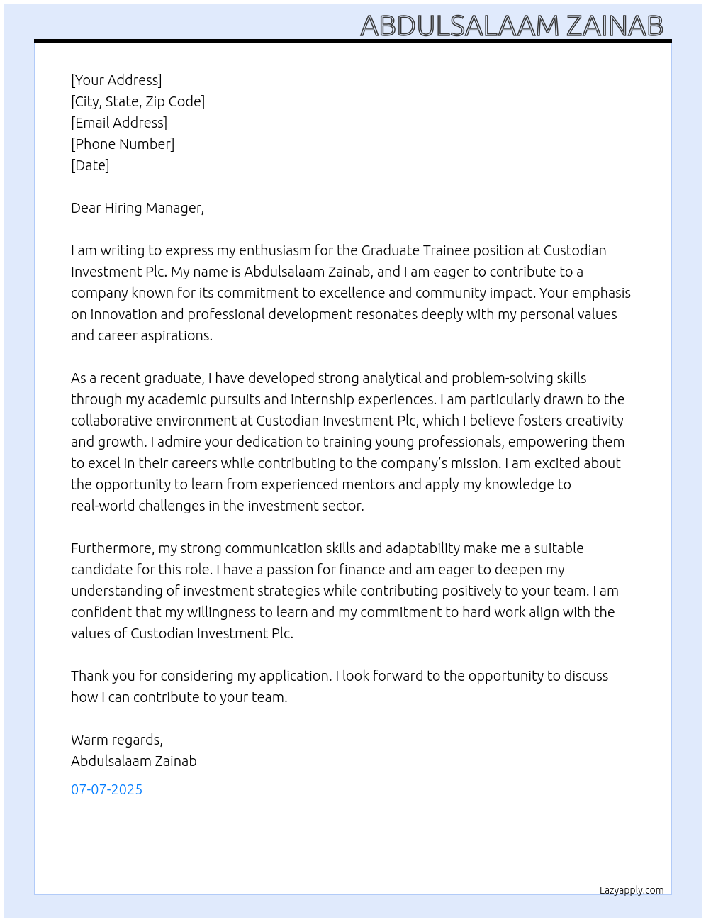 Graduate Trainee  At Custodian Investment Plc. Cover Letter