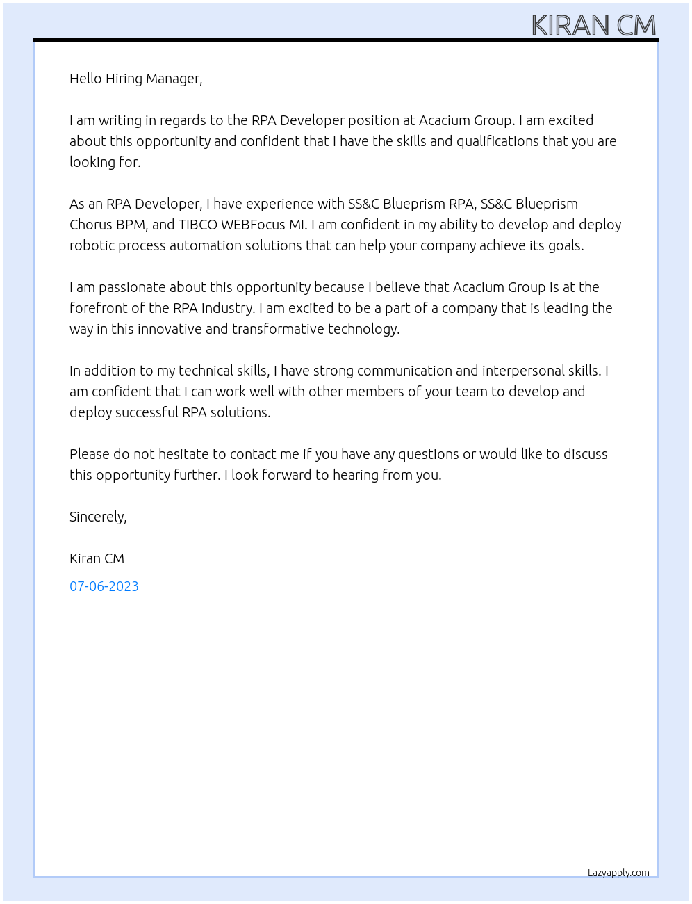 RPA Developer At Acacium Group Cover Letter