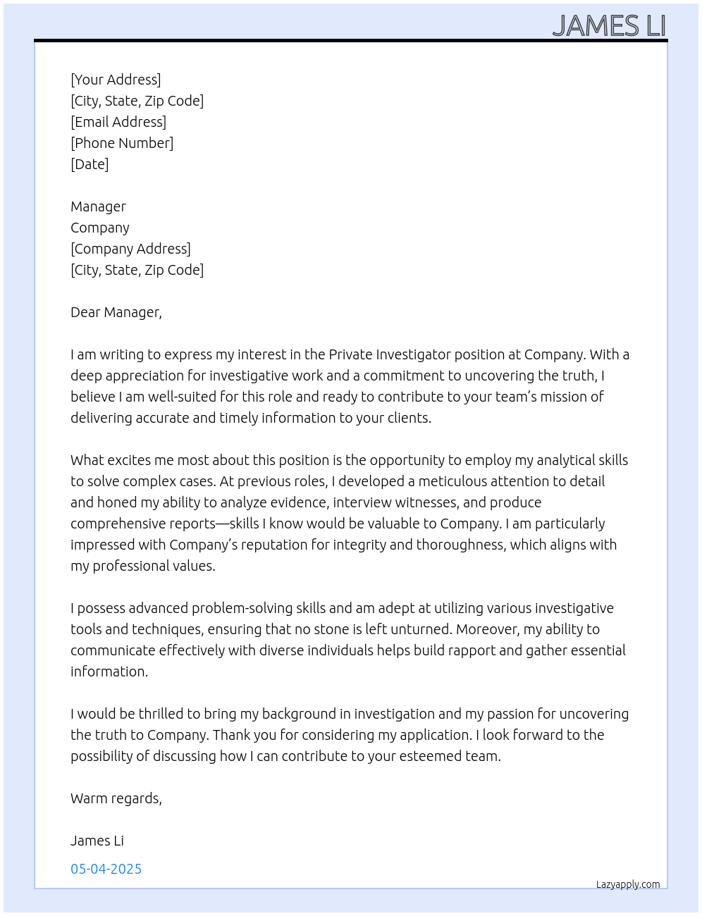 Cover letter for private investigator - LazyApply