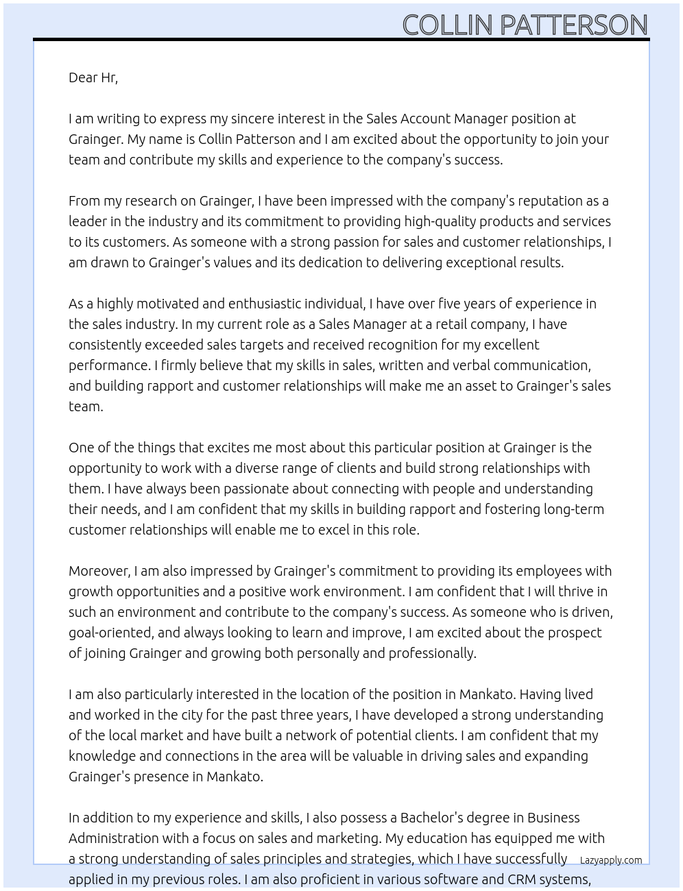 Sales account manager At Grainger Cover Letter