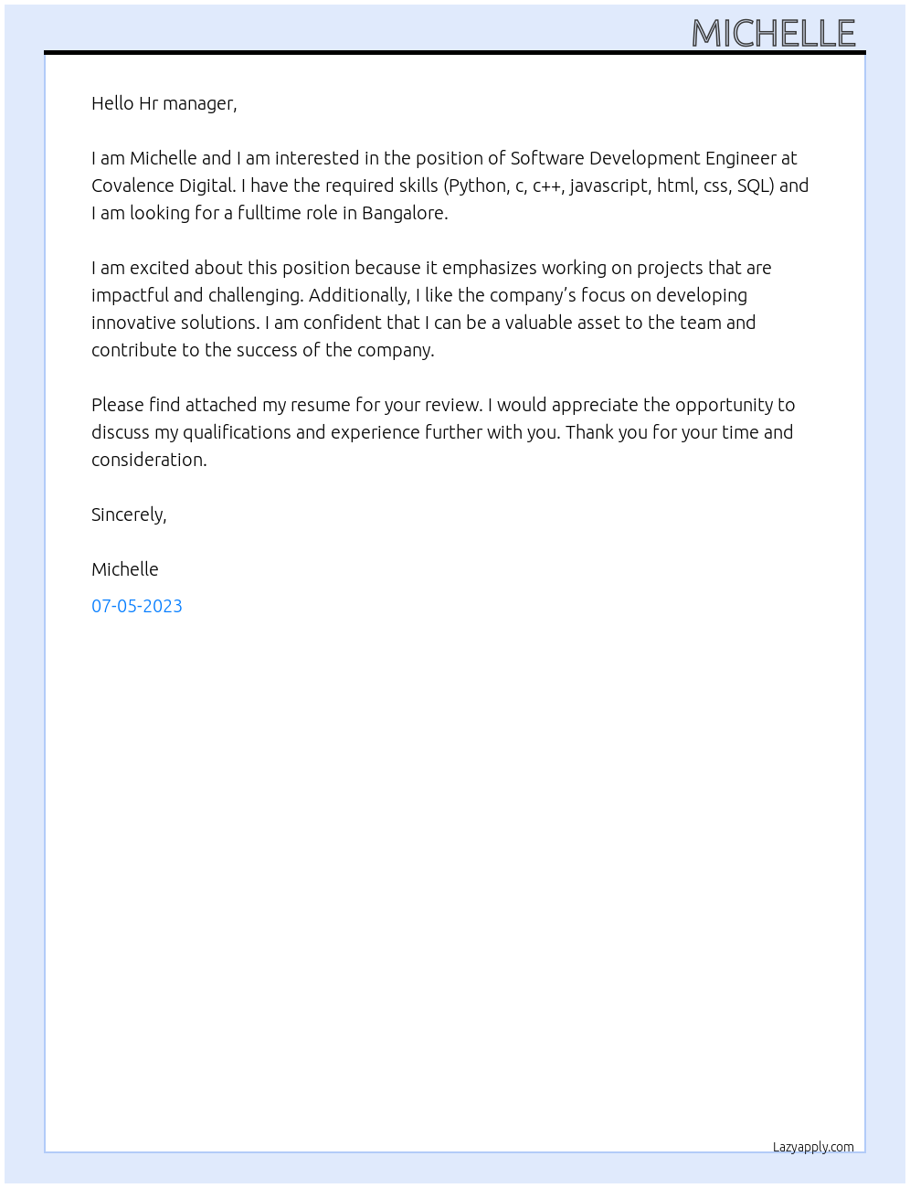 Software Development Engineer At Covalence Digital Cover Letter