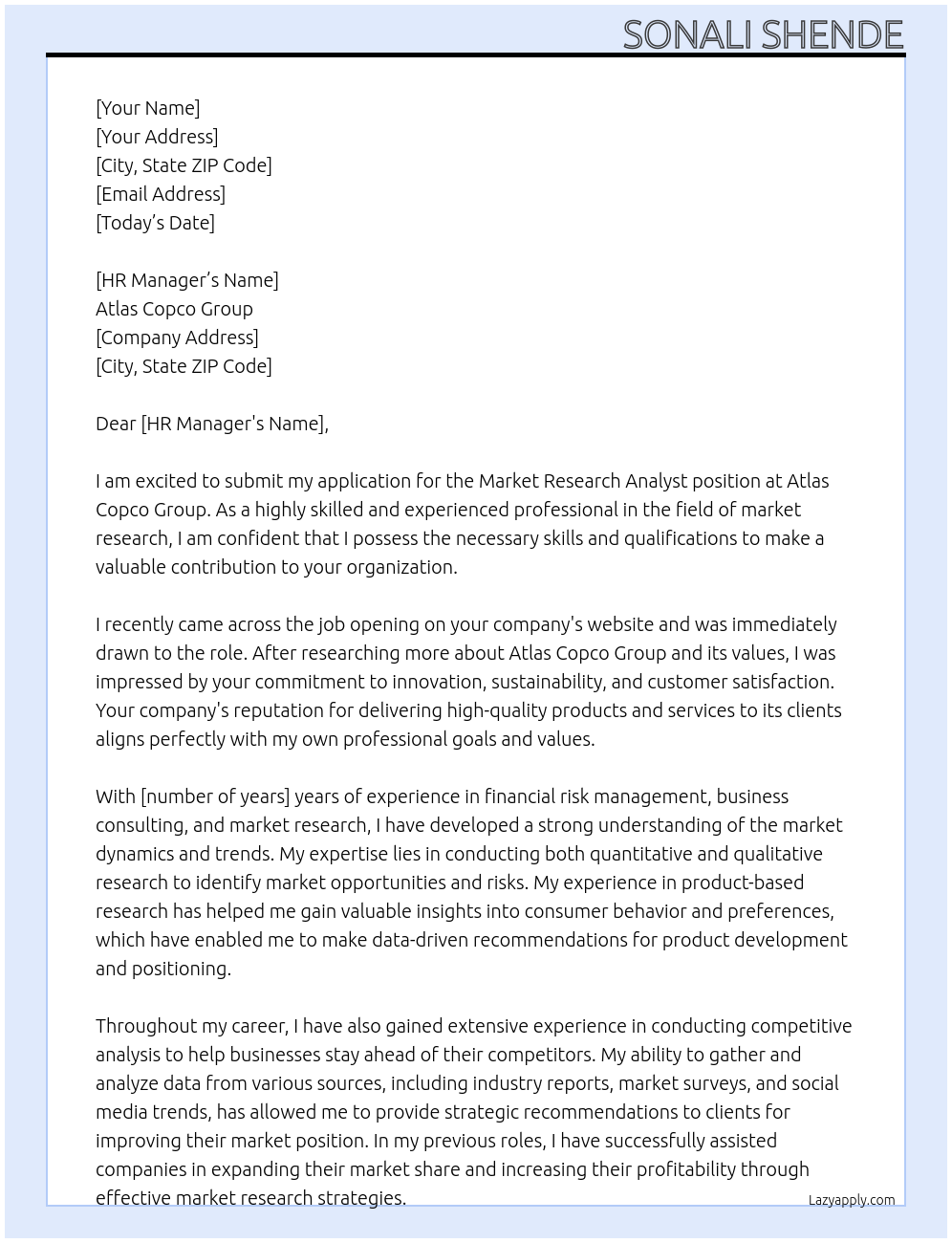 Market Research Analyst At Atlas Copco Group Cover Letter