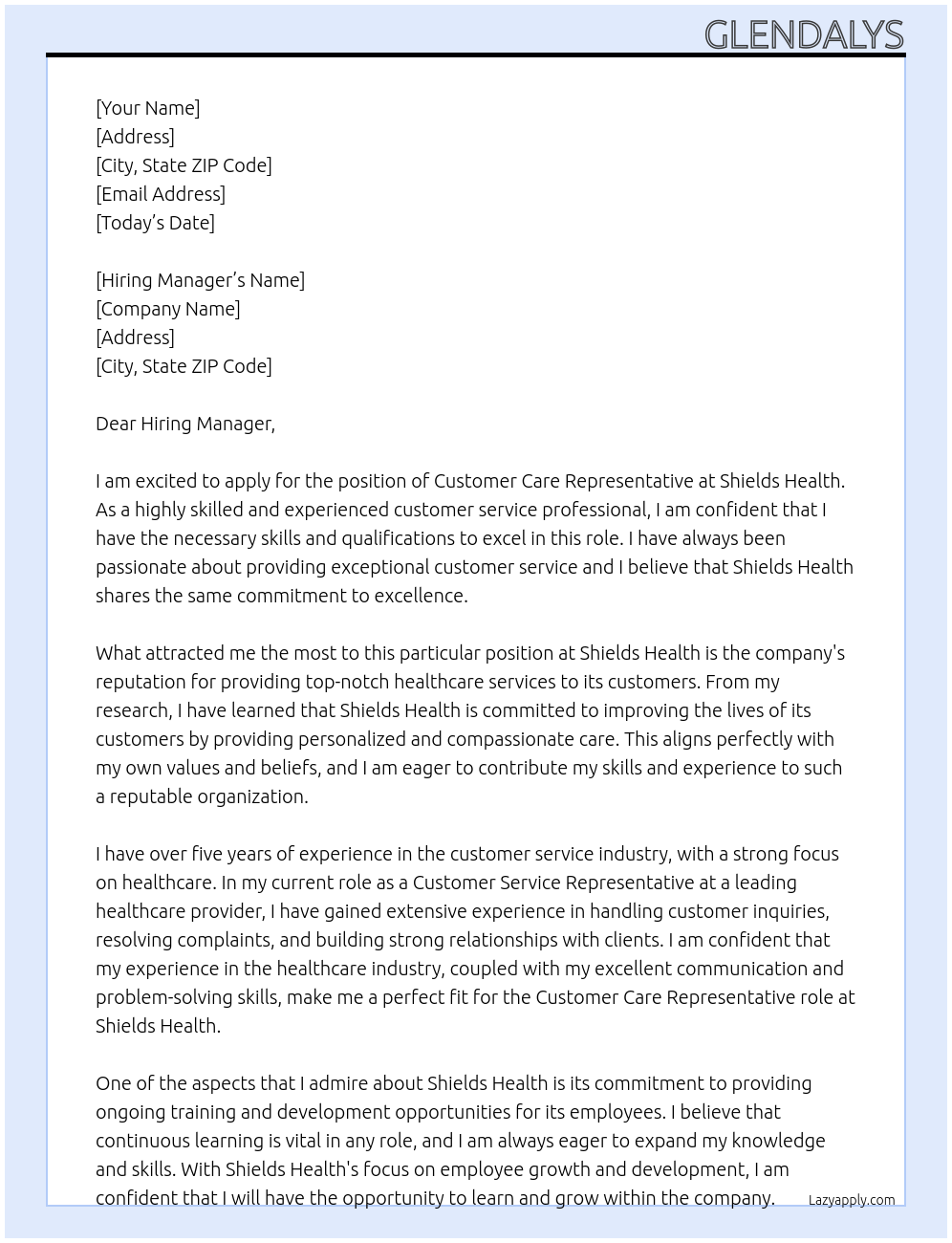 Customer Care Representative At Shields Health Cover Letter