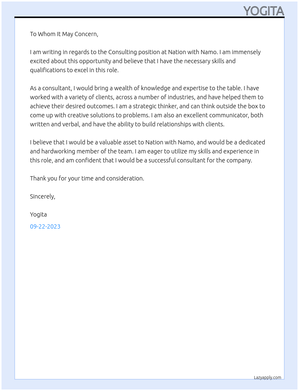 Consulting At Nation with Namo Cover Letter