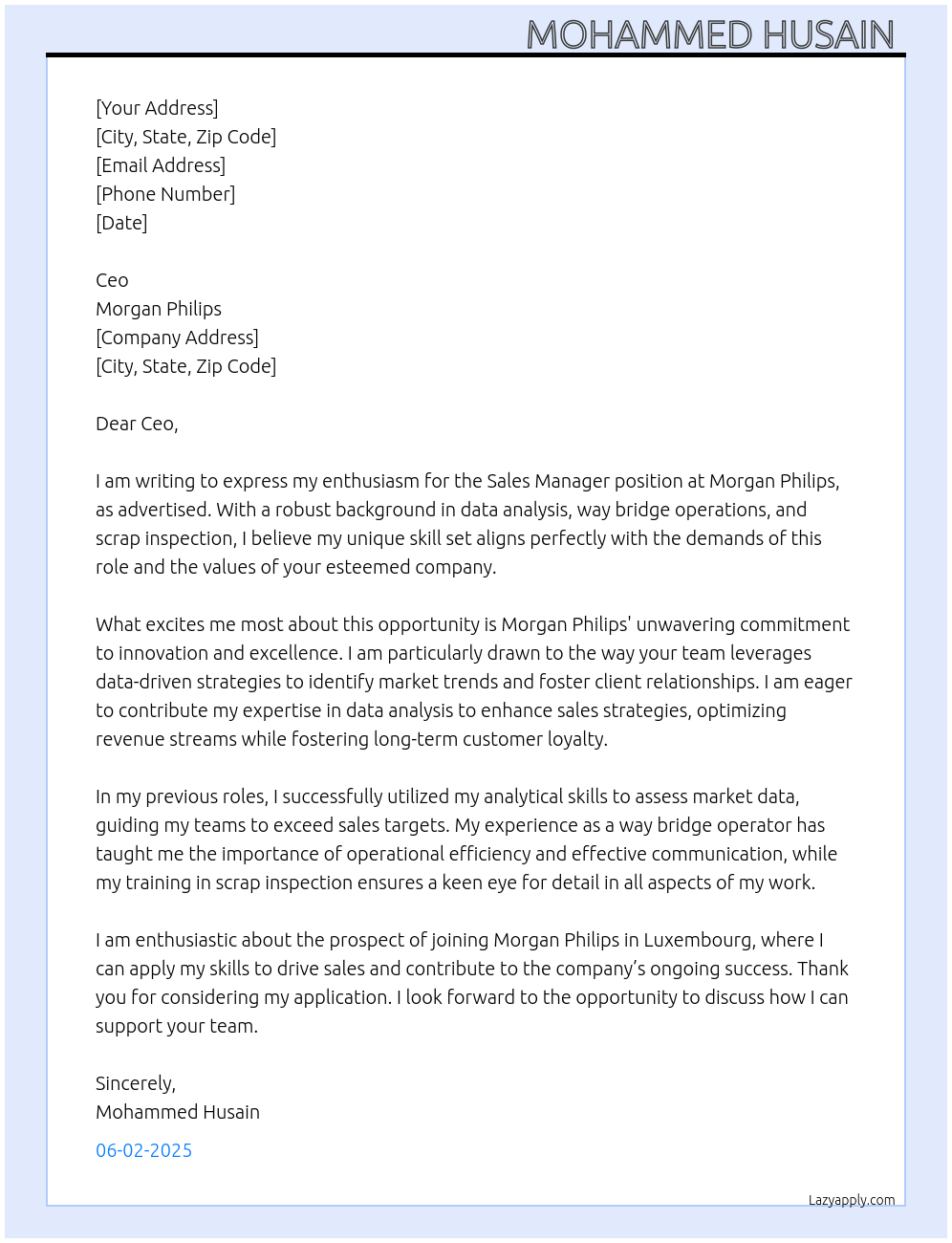 Sales manager At Morgan Philips Cover Letter