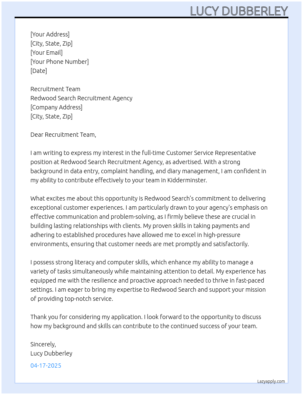 Customer service rep At Redwood search recruitment agency Cover Letter