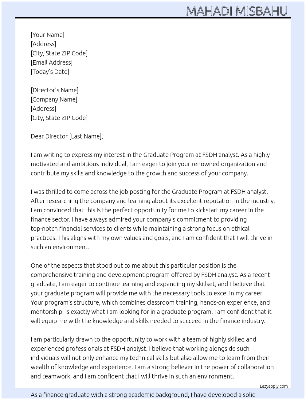 Graduate program  At FSDH analyst graduate program  Cover Letter