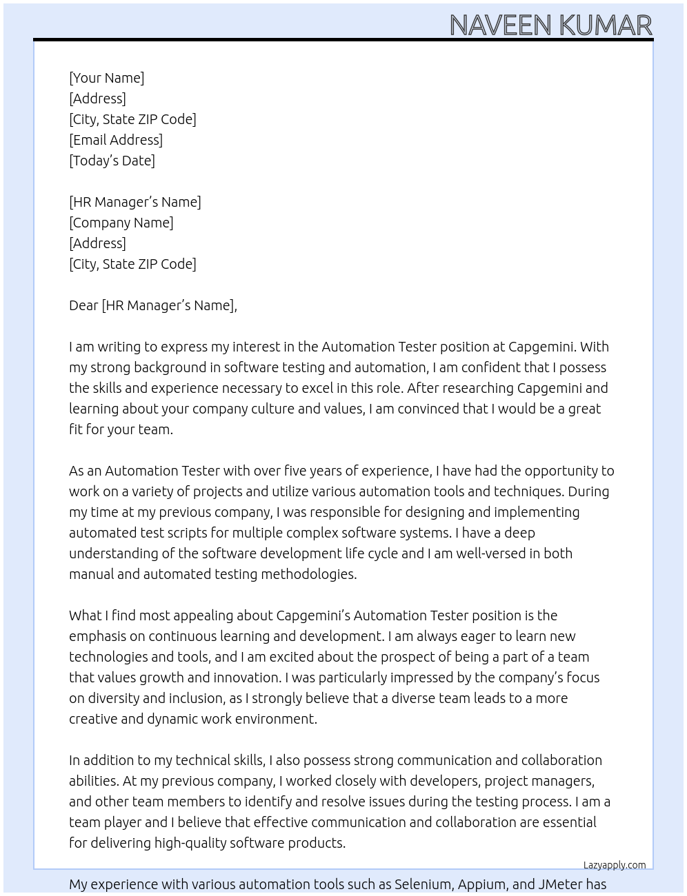 Automation tester At Capgemini Cover Letter