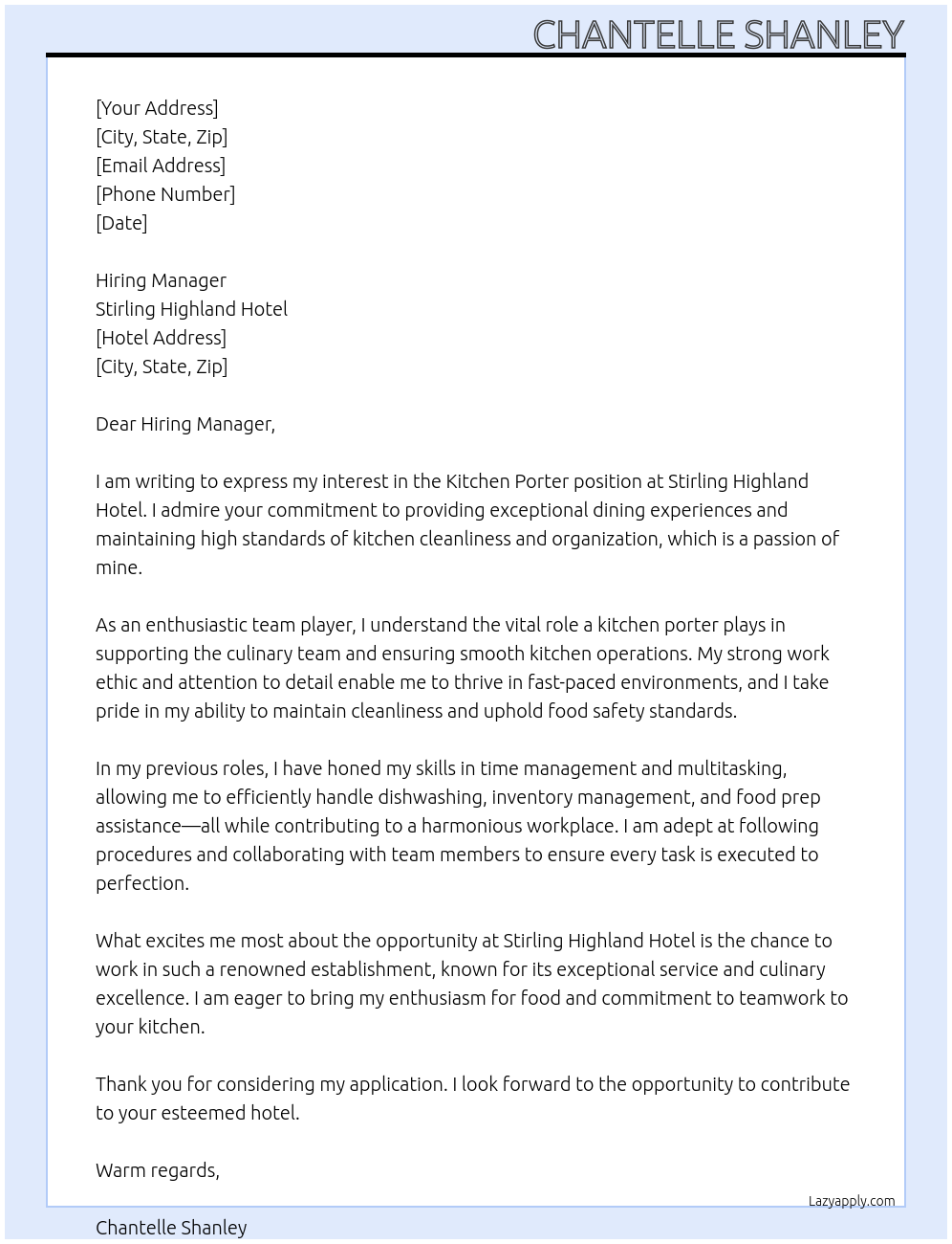 Kitchen Porter At Stirling Highland Hotel Cover Letter