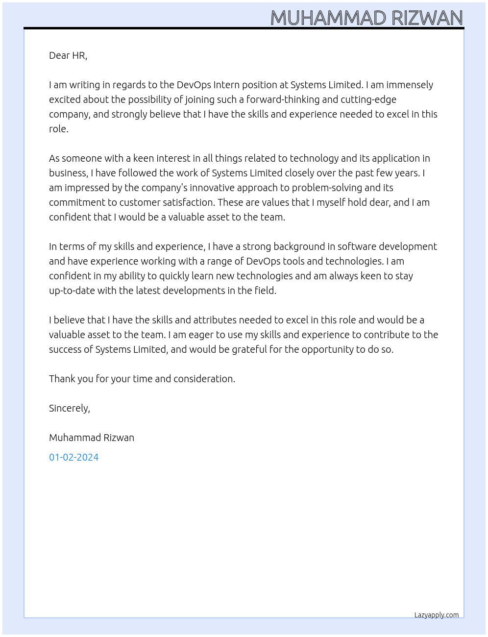 DevOps Intern At Systems Limited Cover Letter