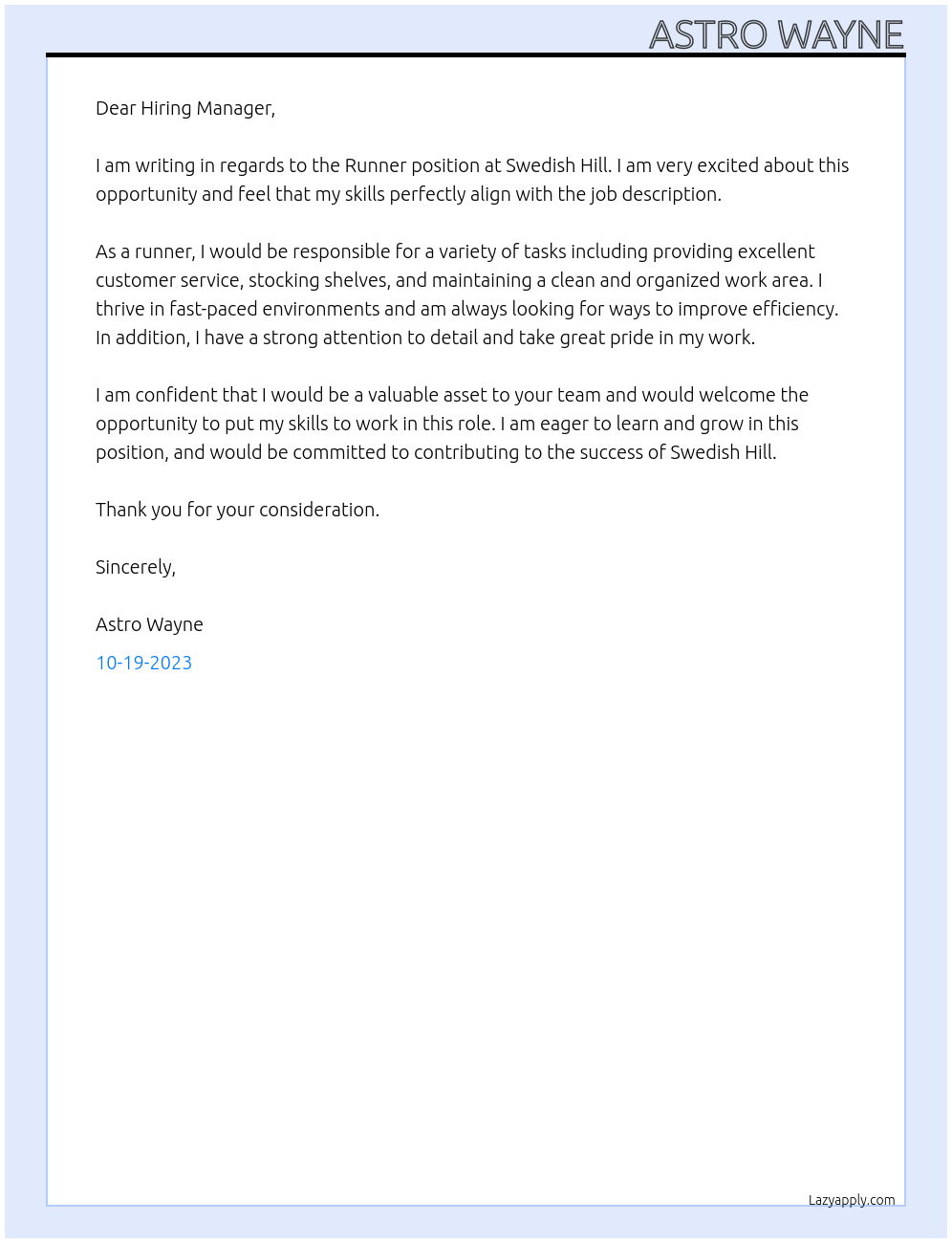 Runner At Swedish Hill Cover Letter