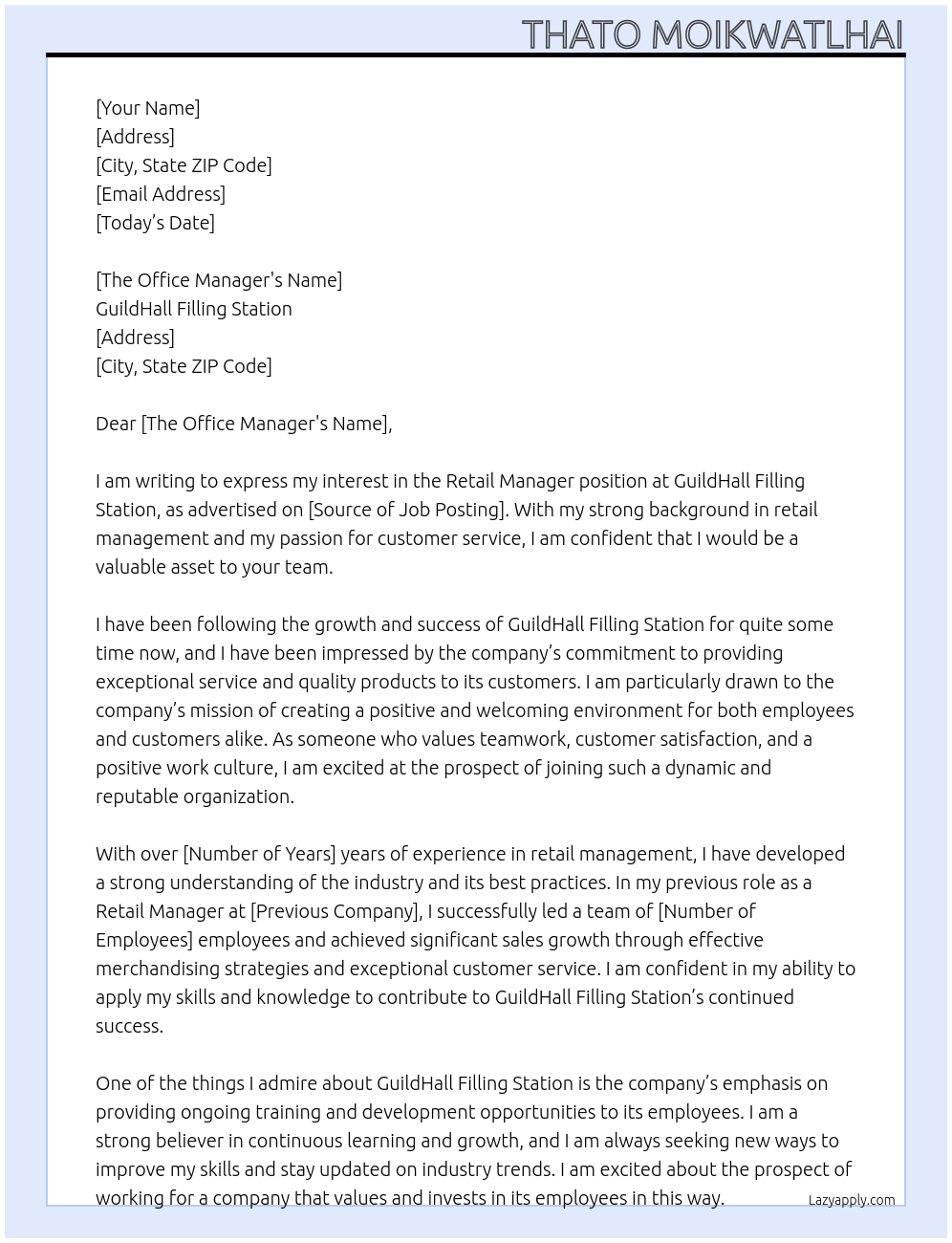 Retail Manager At GuildHall Filling Station Cover Letter