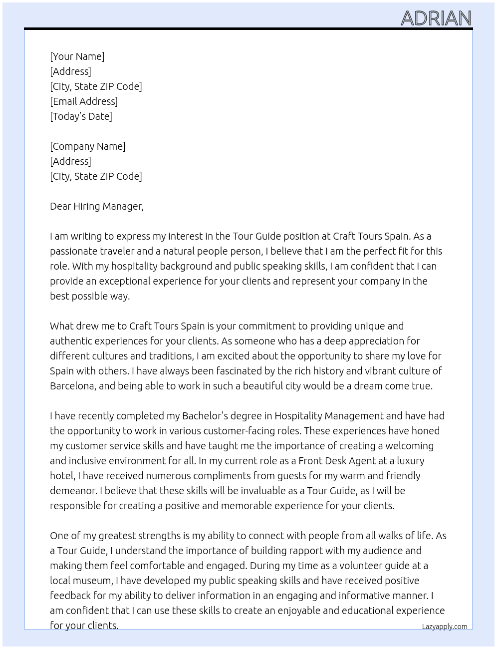 Tour Guide  At Craft Tours Spain Cover Letter