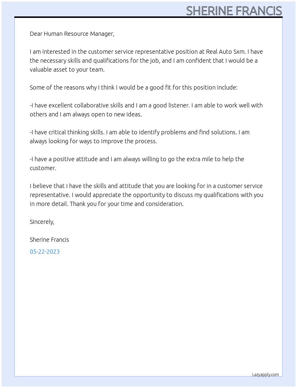 Customer service rep At Real Auto Sxm Cover Letter