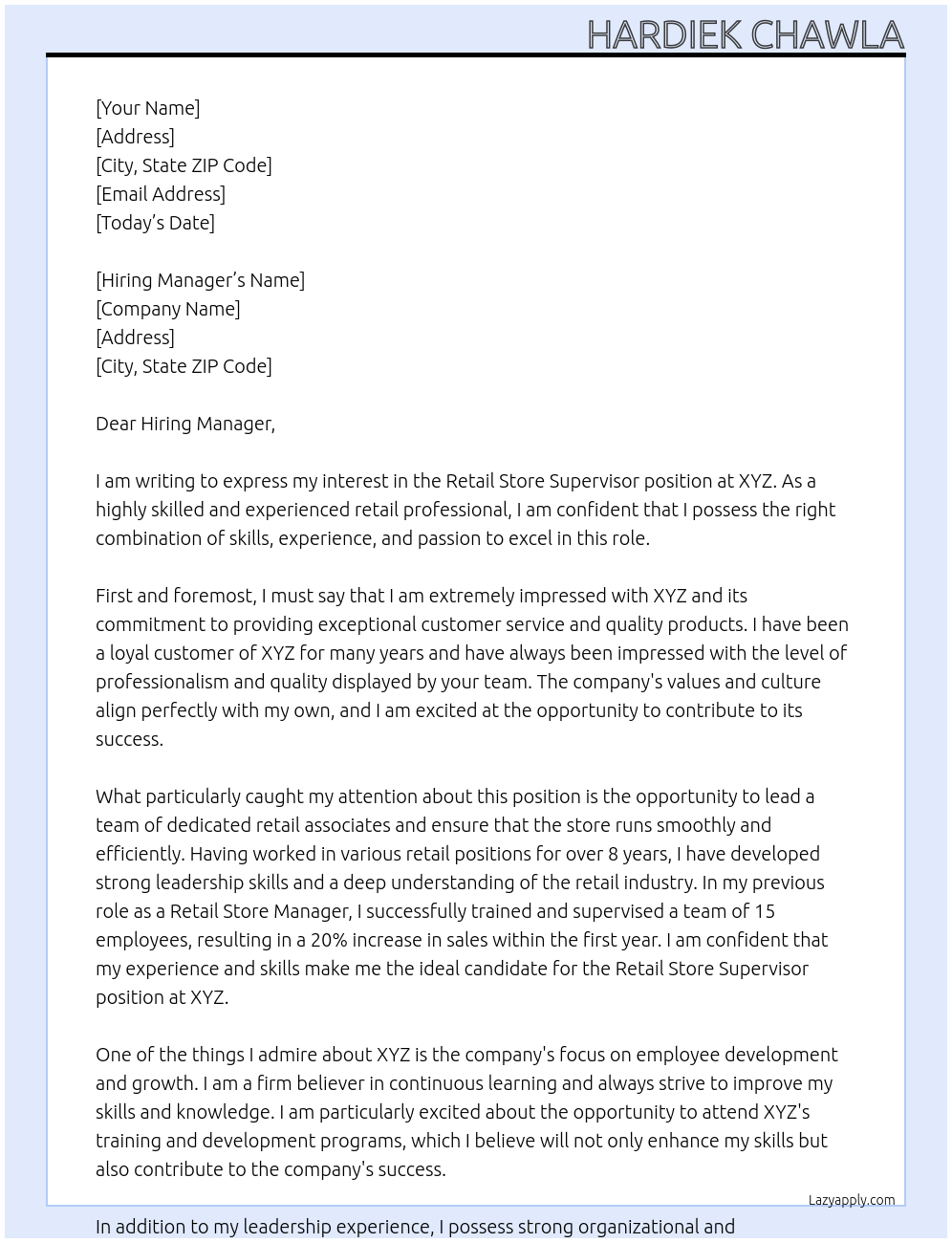 Retail store supervisor At XYZ Cover Letter