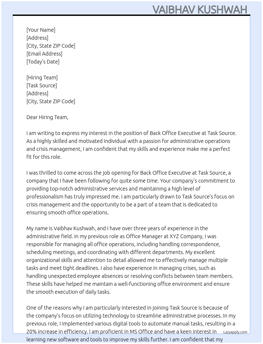 Back office executive At Task source Cover Letter