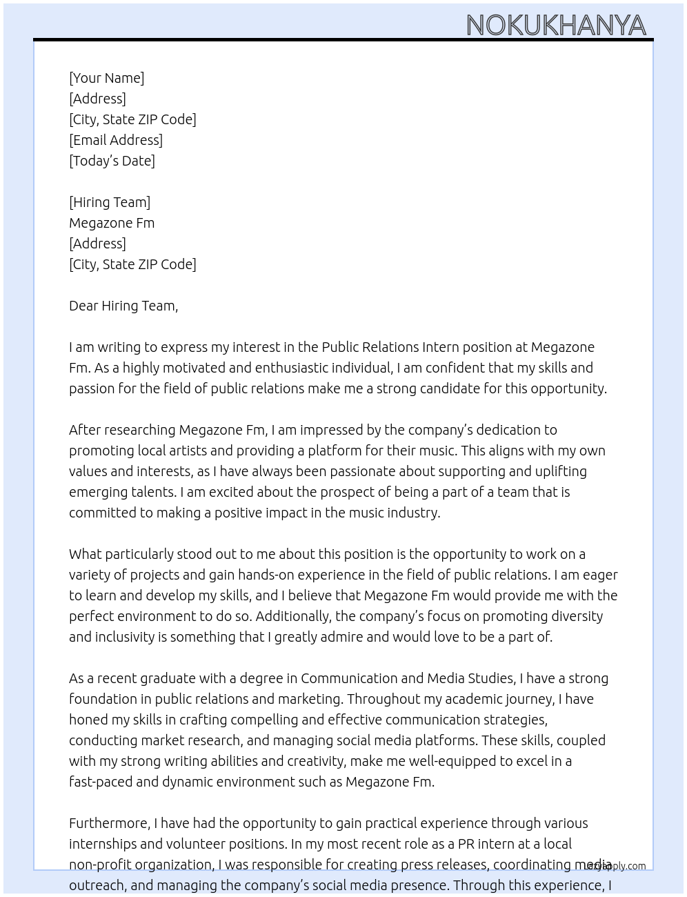 Public Relations Intern At Megazone Fm Cover Letter