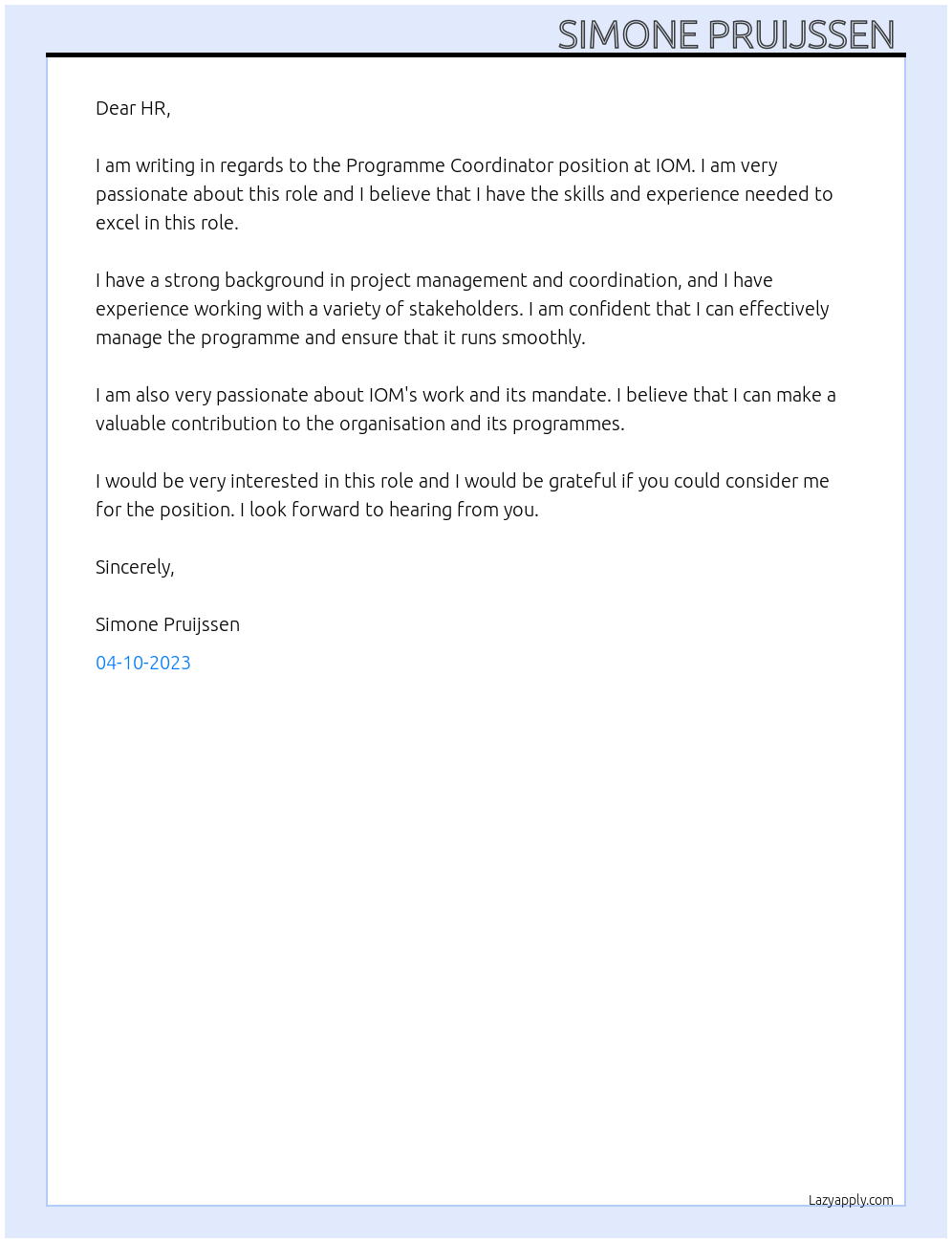 Programme Coordinator At IOM Cover Letter