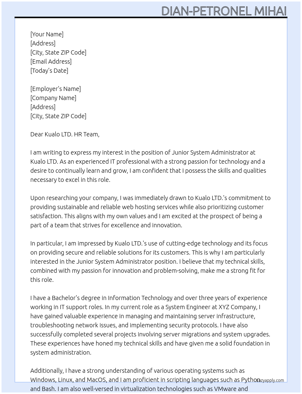 Junior System Administrator At Kualo LTD. Cover Letter