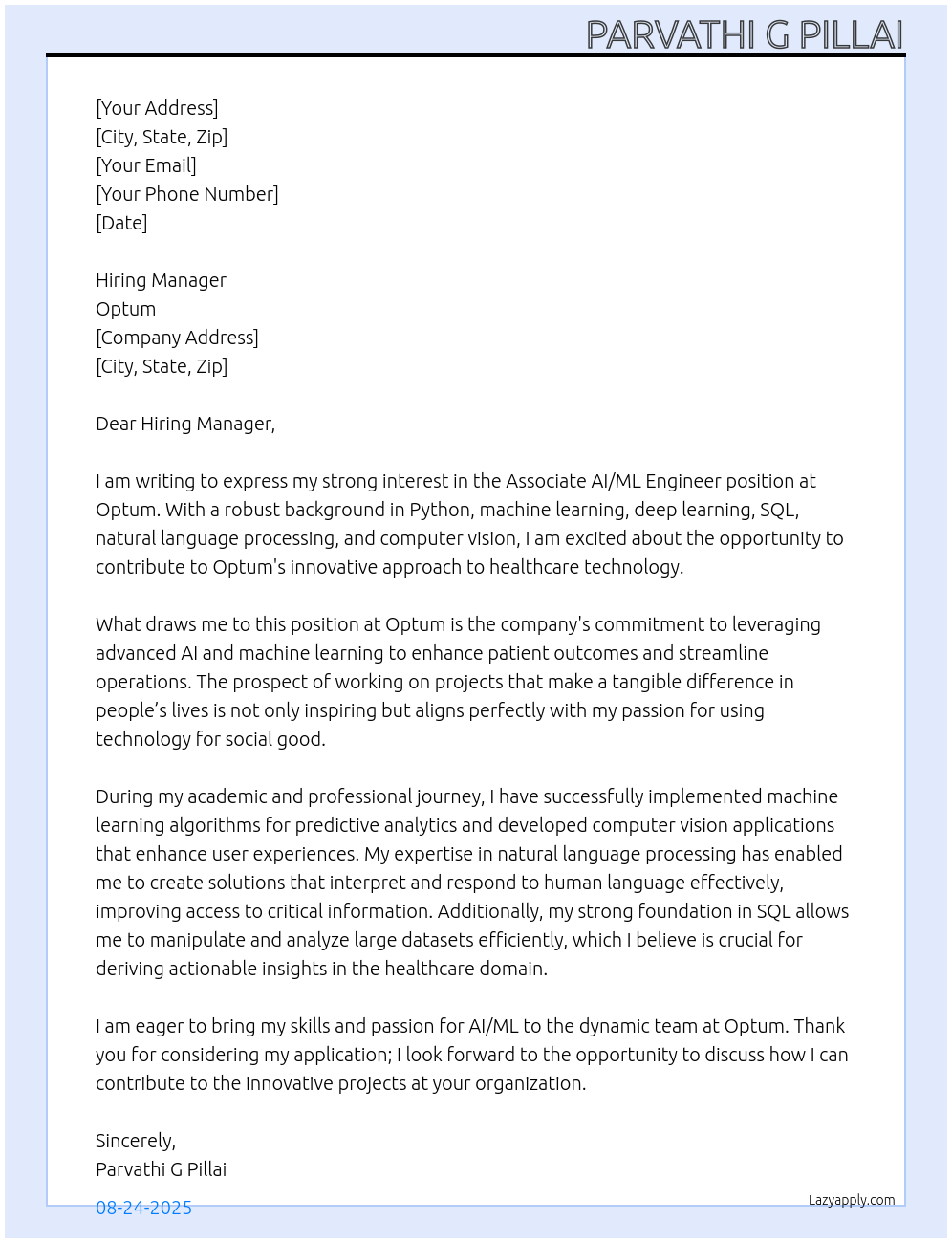 Associate AI/ML Engineer At optum Cover Letter